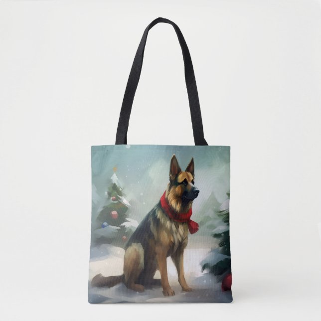 Bolsa Tote Cachorro german shepherd no Natal da Neve (Frente)