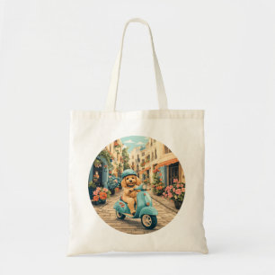 Bolsa Tote Cachorro Goldendoodle andando de scooter pelas rua