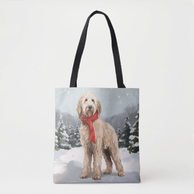 Bolsa Tote Cachorro Goldendoodle na Neve Natal (Frente)