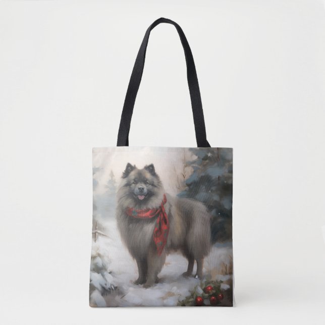 Bolsa Tote Cachorro Keeshond no Natal da Neve (Frente)