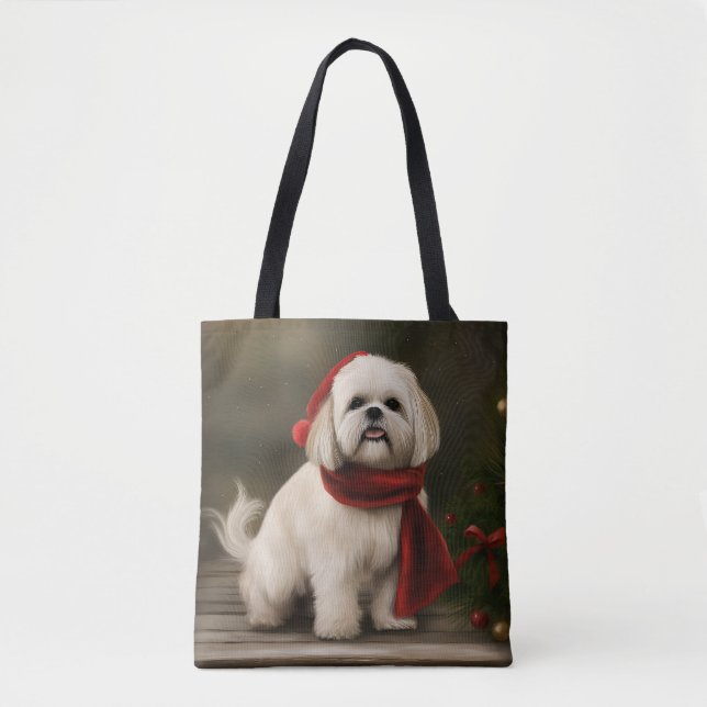 Bolsa Tote Cachorro Lhasa Apso na Neve Natal (Frente)