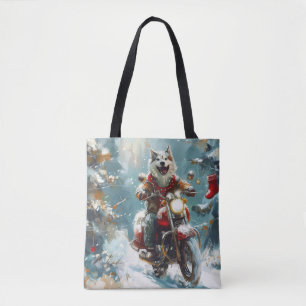 Bolsa Tote Cachorro Malamute do Alasca Pilotando Moto Natal 