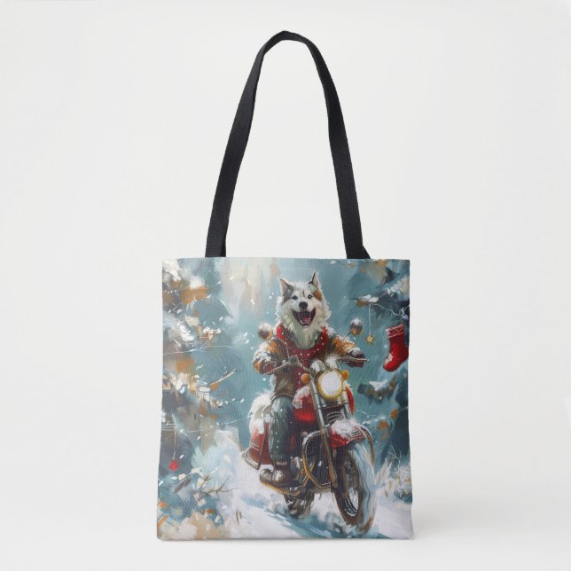 Bolsa Tote Cachorro Malamute do Alasca Pilotando Moto Natal  (Frente)