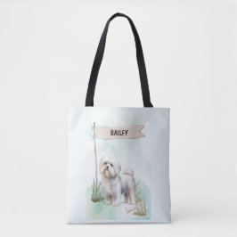 Bolsa Tote Cachorro Maltês em Aquarela Personalizado