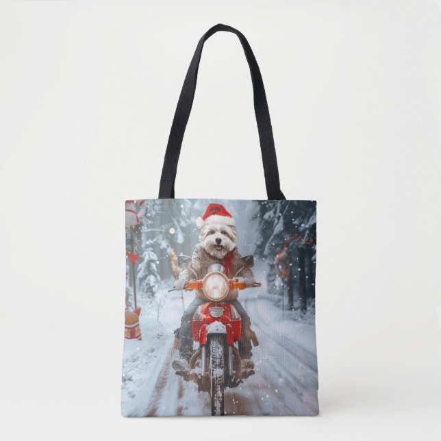 Bolsa Tote Cachorro Maltês Pilotando Moto Natal (Frente)