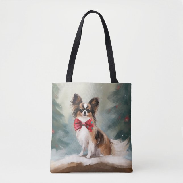 Bolsa Tote Cachorro Papillon na Neve Natal  (Frente)
