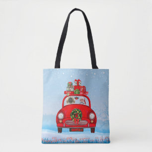 Bolsa Tote Cachorro Pekingês No Carro Com Papai Noel