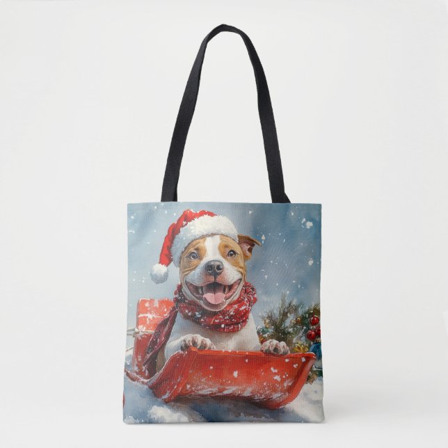 Bolsa Tote Cachorro Pitbull em Trenó Deixe Nevar Natal (Frente)