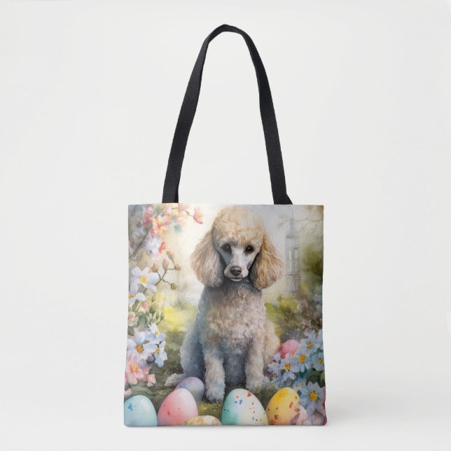 Bolsa Tote Cachorro Poodle com Feriado de Ovos de Páscoa (Frente)