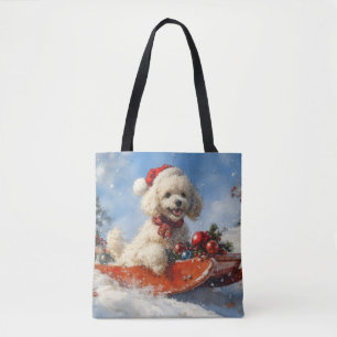 Bolsa Tote Cachorro Poodle no Trenó Faça Chuva de Neve Natal