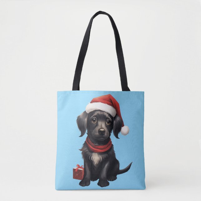 Bolsa Tote Cachorro Preto Fofo no Natal (Frente)