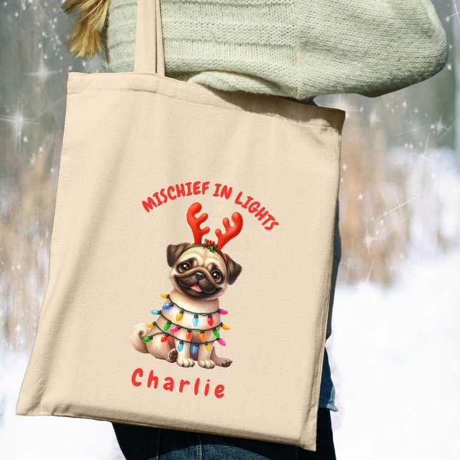 Bolsa Tote Cachorro Pug Adorável, Cachorro de Cama de Cana de (Carry festive cheer with this custom fun Pug dog tote bag. A perfect gift for dog lovers.)