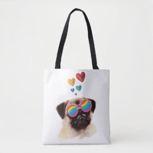 Bolsa Tote Cachorro Pug com Corações Dia dos Namorados