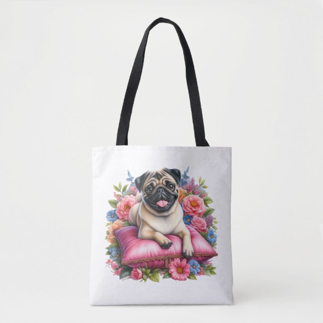 Bolsa Tote Cachorro Pug em uma Almofada com Flores em Aquarel (Frente)