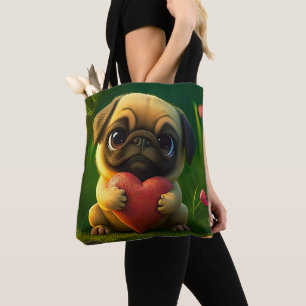 Bolsa Tote Cachorro Pug Fofinho Colorido Filhote Segurando um