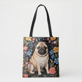 Bolsa Tote Cachorro Pug Fofo Elegante Floral Colorido