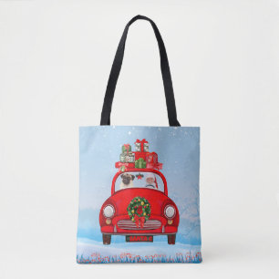 Bolsa Tote Cachorro Pug no carro com Papai Noel