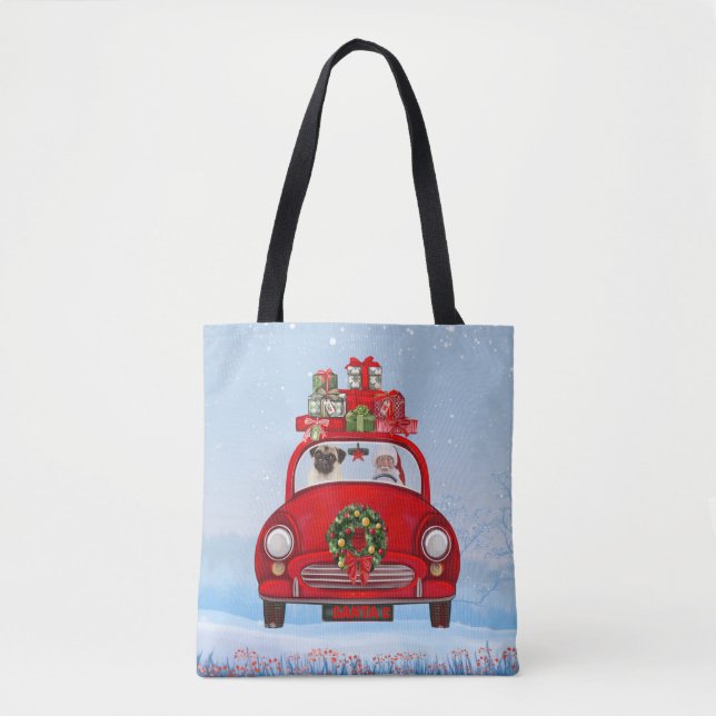 Bolsa Tote Cachorro Pug no carro com Papai Noel (Frente)