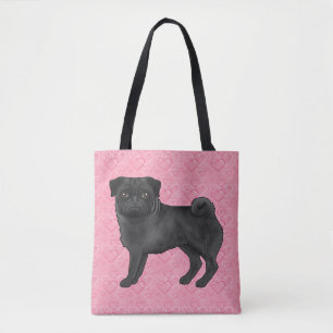 Bolsa Tote Cachorro Pug Preto Desenho Animado Padrão de Coraç
