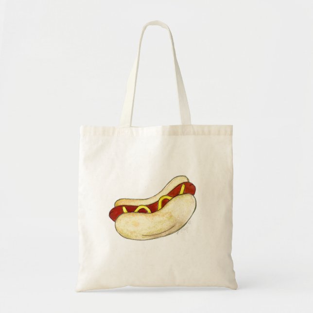 Bolsa Tote Cachorro Quente de Aquarela com Mostarda no Bun Li (Frente)