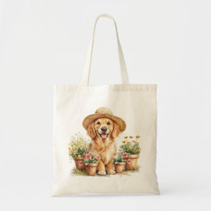Bolsa Tote Cachorro Retriever Dourado Jardineiro Vasos de Flo