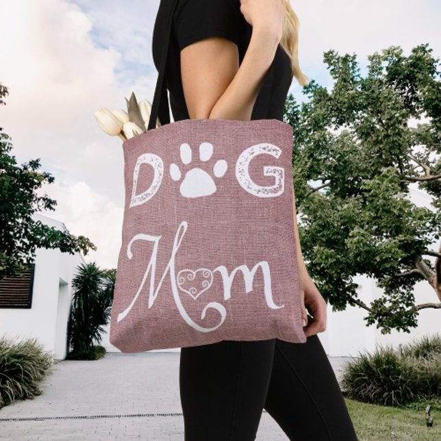 Bolsa Tote Cachorro Rosa Cachorro Mamãe Toalha (Pink Burlap Dog Mom Tote Bag)