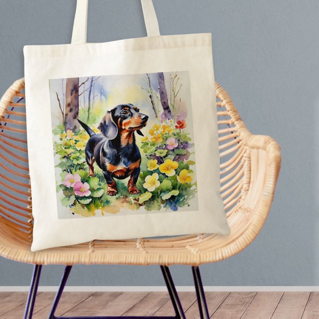 Bolsa Tote Cachorro Salsicha Dachshund Flor de Primavera da F (A tote bag with picture of an adorable dachshund walking in woodland with colorful primrose flowers)