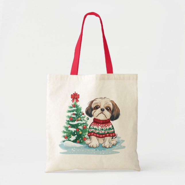 Bolsa Tote Cachorro Santa de Natal Shih Tzu (Frente)