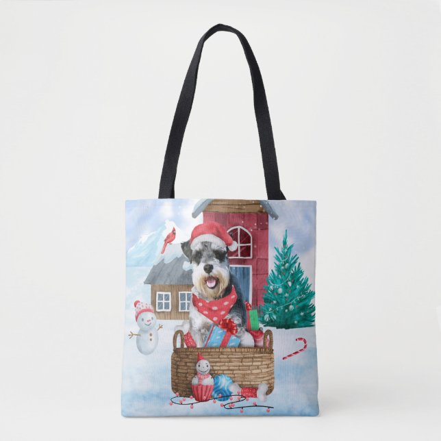 Bolsa Tote Cachorro Schnauzer Na Casa Dos Cachorros De Natal  (Frente)