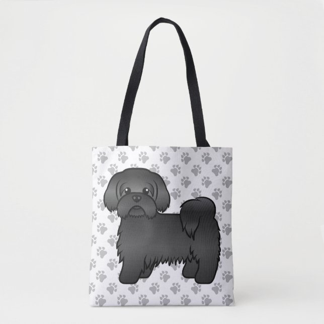 Bolsa Tote Cachorro Shih Tzu Preto Fofo Desenho & Patas (Frente)
