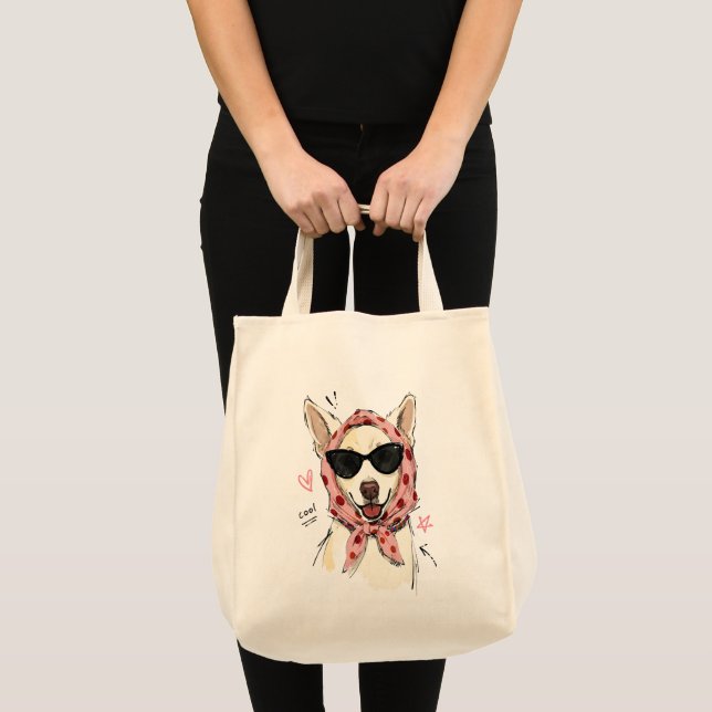 Bolsa Tote Cachorro Sorridente Legal com Lenço de Bolinhas na (Frente (produto))