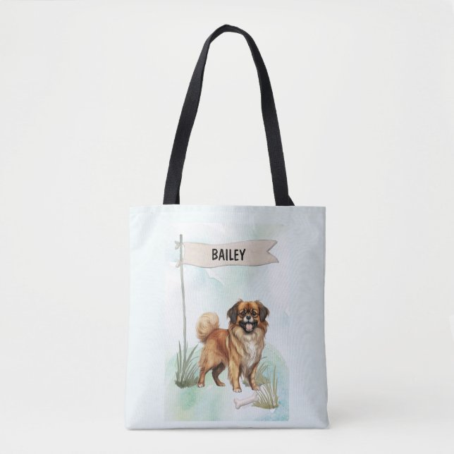 Bolsa Tote Cachorro Spaniel Tibetano Aquarela Personalizado (Frente)
