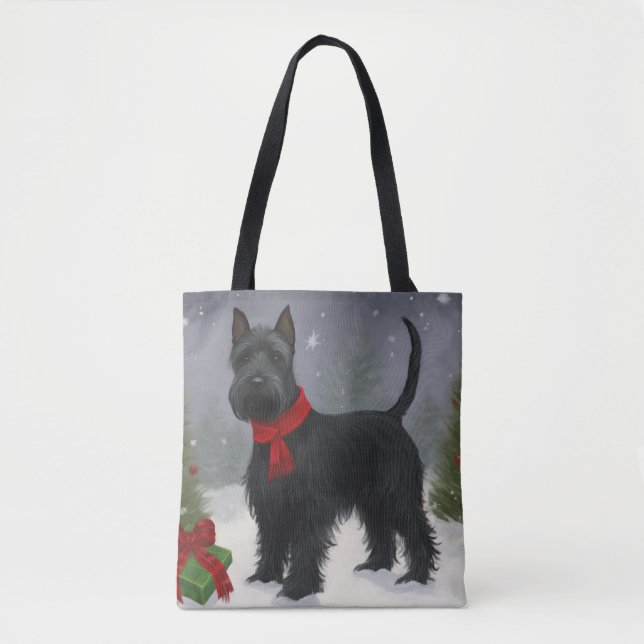 Bolsa Tote Cachorro Terrier Escocês na Neve Natal (Frente)