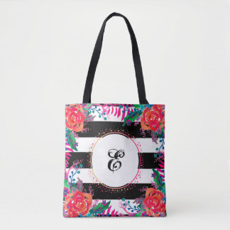 Bolsa Tote cachos florais personalizados e listrados a preto