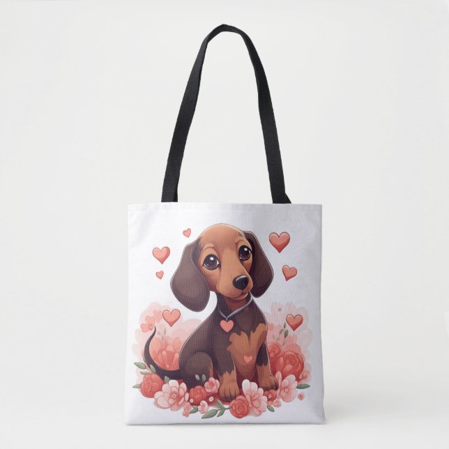 Bolsa Tote Cachshund Puppy Bonito com Corações (Frente)