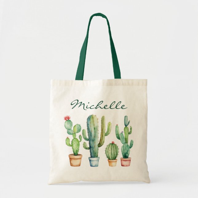 Bolsa Tote Cacto de Aguarela Moderna Cactos Suculenta do Dese (Frente)