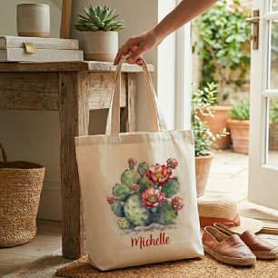 Bolsa Tote Cacto de Flores Vermelhas Com Nome