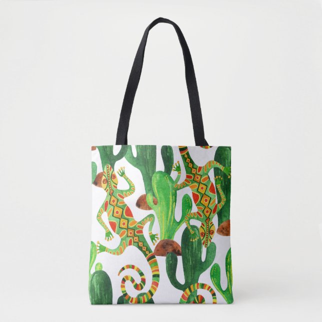 Bolsa Tote Cactos Lizards Impressão de Aquarela (Frente)