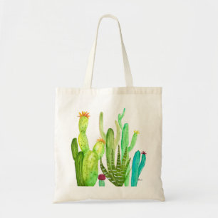 Bolsa Tote Cactos verdes plantas suculentas aquarela