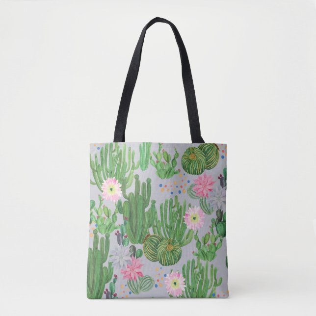 Bolsa Tote Cactus e flores, pintura sem costura com aquarela. (Frente)