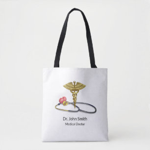 Bolsa Tote Caduceu de Ouro & Estetoscópio Médico com Coração