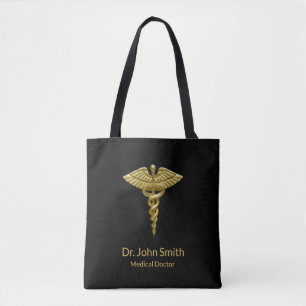 Bolsa Tote Caduceus Dourado médico elegante no preto - sacola