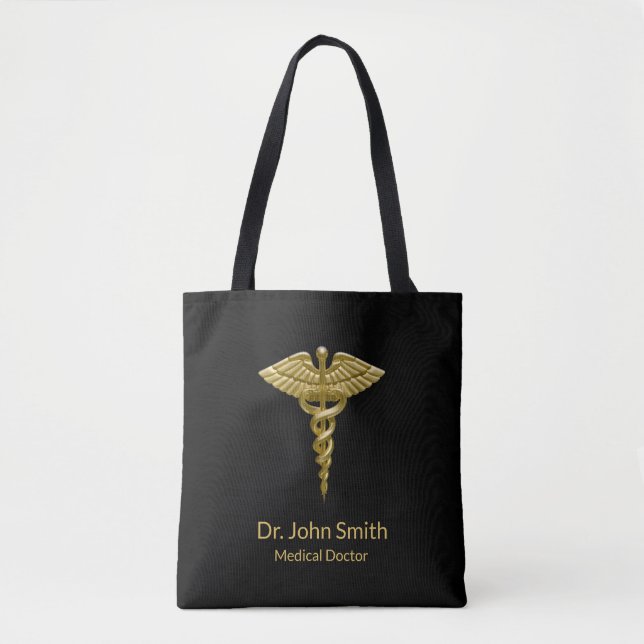 Bolsa Tote Caduceus Dourado médico elegante no preto - sacola (Frente)