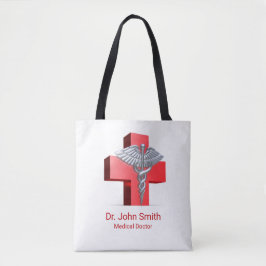 Bolsa Tote Caduceus Medical Silver 3D Cross Red