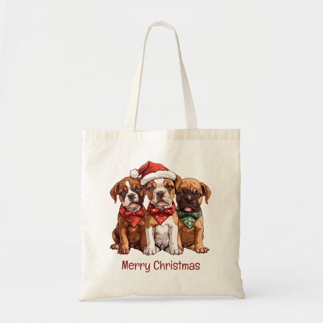 Bolsa Tote Cães Boxer Feliz de Natal (Frente)