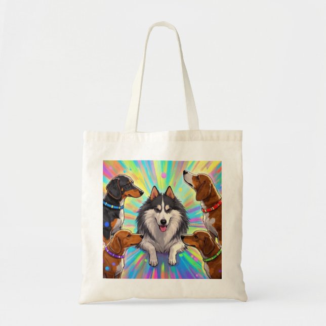 Bolsa Tote Cães Cachorros com fundo arco-íris (Frente)