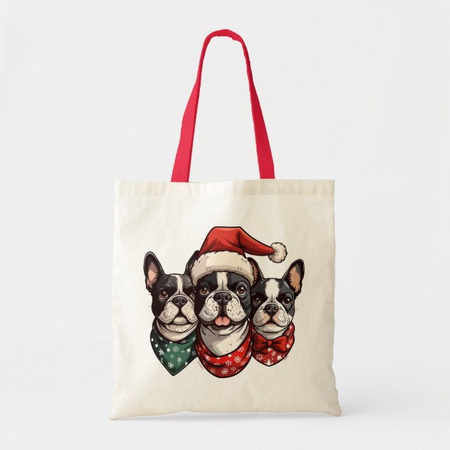 Bolsa Tote Cães de Natal em Boston Terrier (Frente)