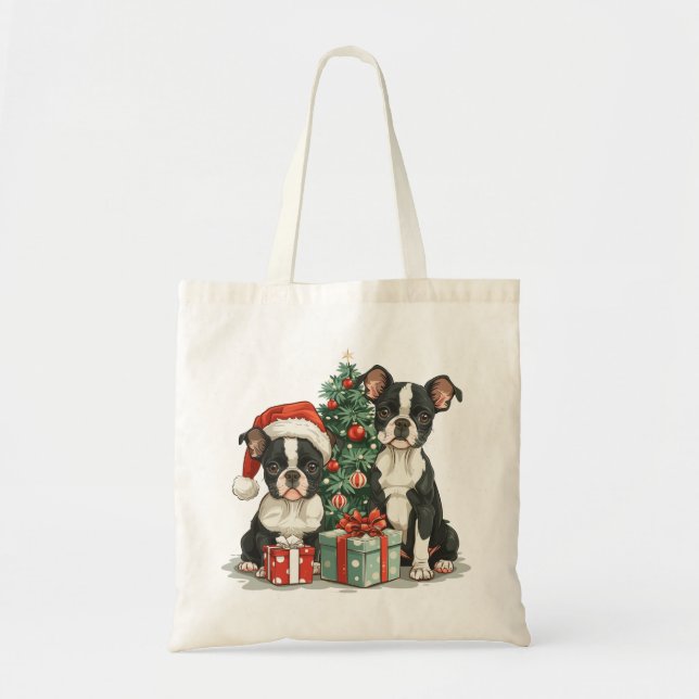 Bolsa Tote Cães de Natal em Boston Terrier (Frente)