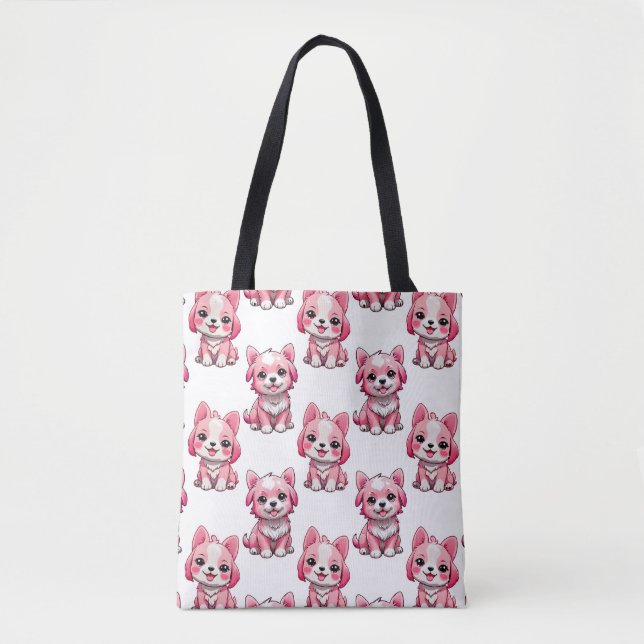 Bolsa Tote Cães Fofo Rosa - Branco  (Frente)