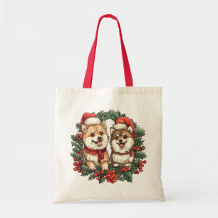 Bolsa Tote Cães Pomeranianos Mistletoe Wreath